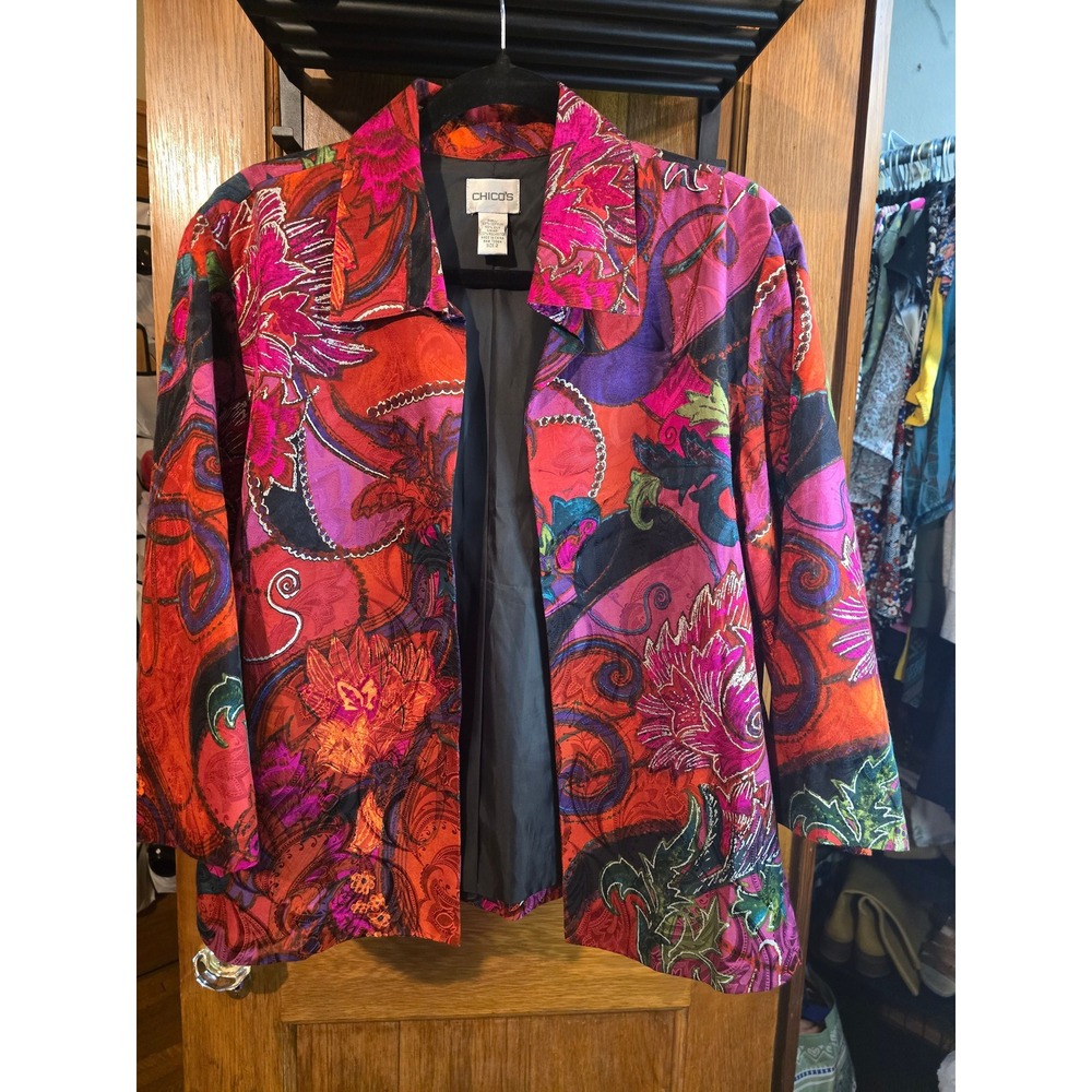 Chico's Size 2 Multicolor Cotton Silk Open Front 3/4 Sleeve Blazer Jacket L
